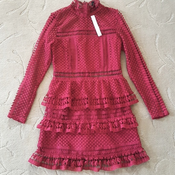 AQUA | Red Lace Tiered Dress - Picture 3 of 6